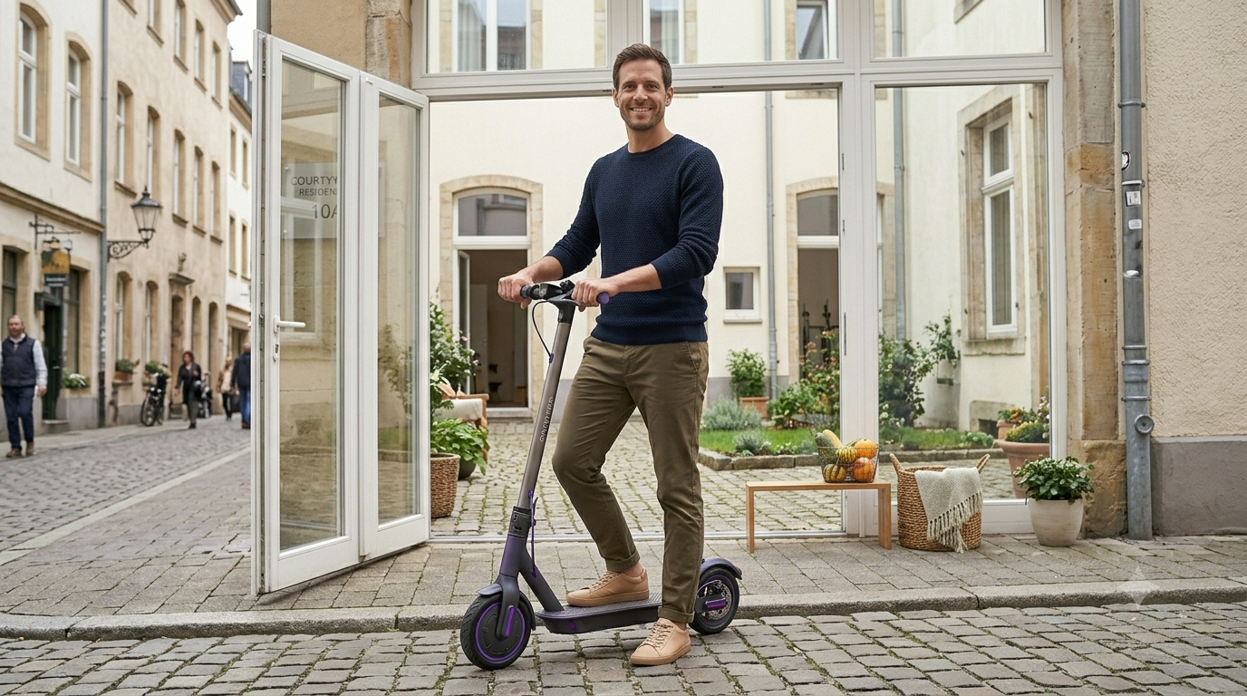 Mann mit E-Scooter vor Hauseingang